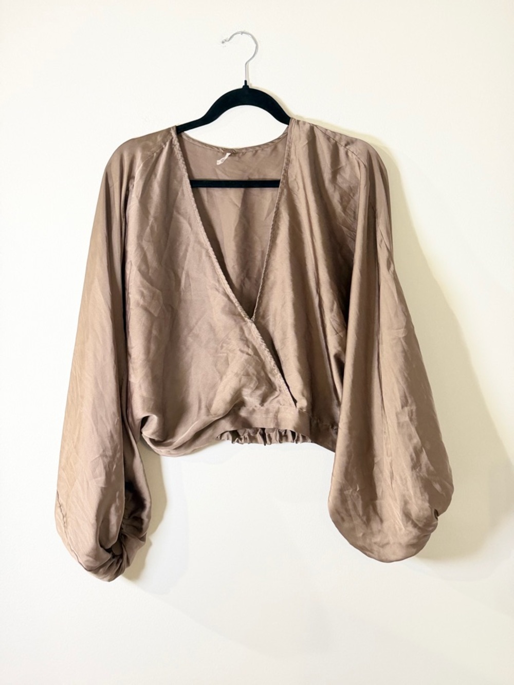 Free People Taupe Wrap Crop Blouse with Balloon Sleeves